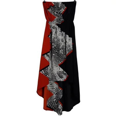 Pánt nélküli, hátulján hosszított, mintás női egész ruha