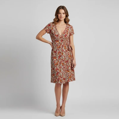 Elején átlapolt, oldalt megkötős, virágmintás női egész ruha