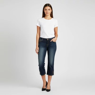 Elől-hátul zsebes, koptatott farmer, 3/4-es női nadrág