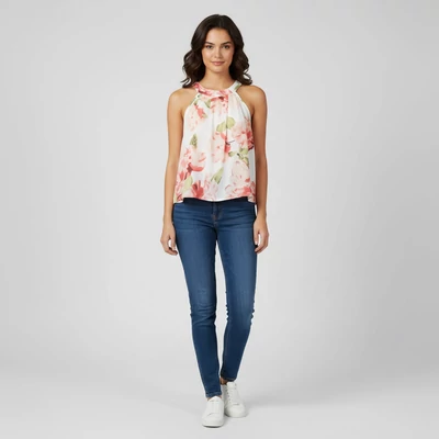 Nyakrészén hátul megkötős, rövid fazonú, virágmintás női felső