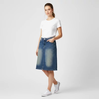 Elől-hátul zsebes, hátul felsliccelt, koptatott női farmerszoknya