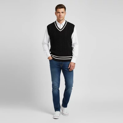 "V" nyakú, csíkkal díszített, kötött férfi mellény