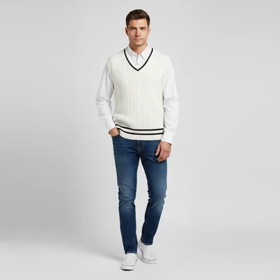 "V" nyakú, csíkkal díszített, kötött férfi mellény