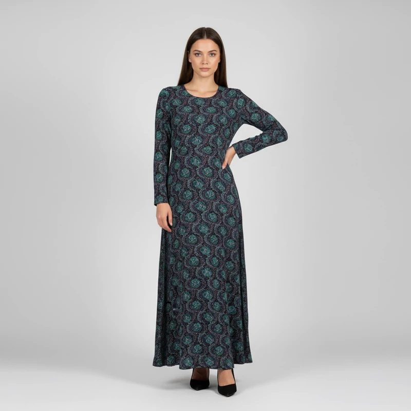 Hátán cipzáras derekán megkötős, mintás női egész ruha