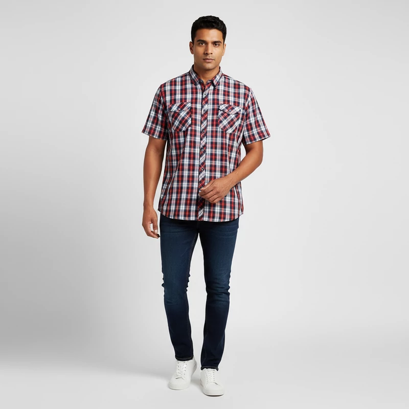 Elején gombos és zsebes, kockás férfi ing