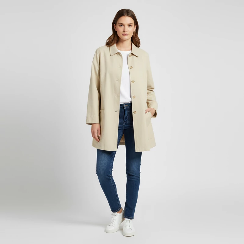 Elején gombos és zsebes, velúrtapintású átmeneti női kabát