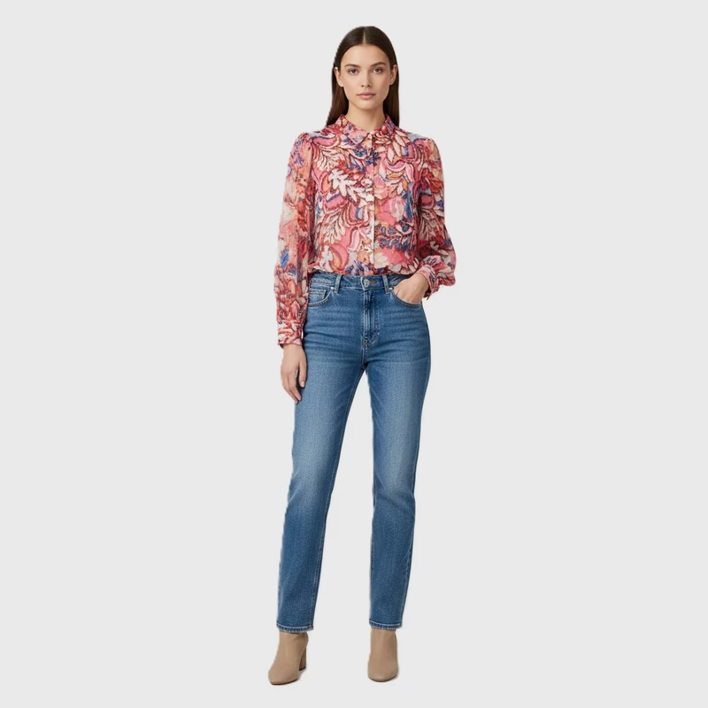 Galléros, rejtett gombolású virágmintás női felső