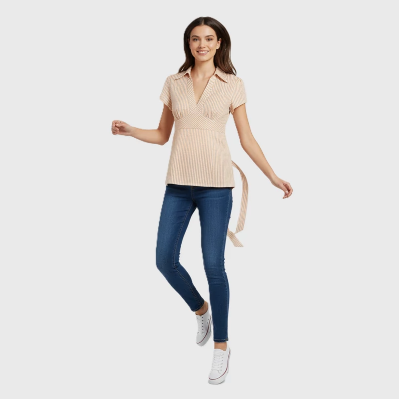 Derekán hátul megkötős, csíkos női felső