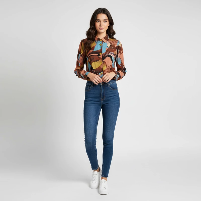 Elején gombos, denevérujjú, mintás női felső