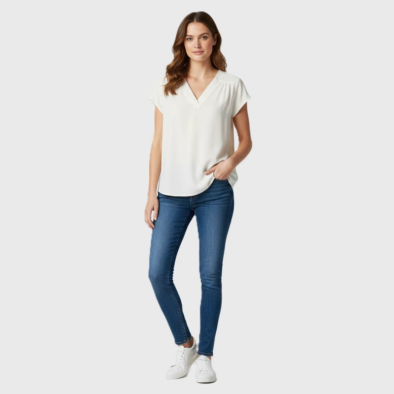 Hátulján hosszított, "V" nyakú női felső