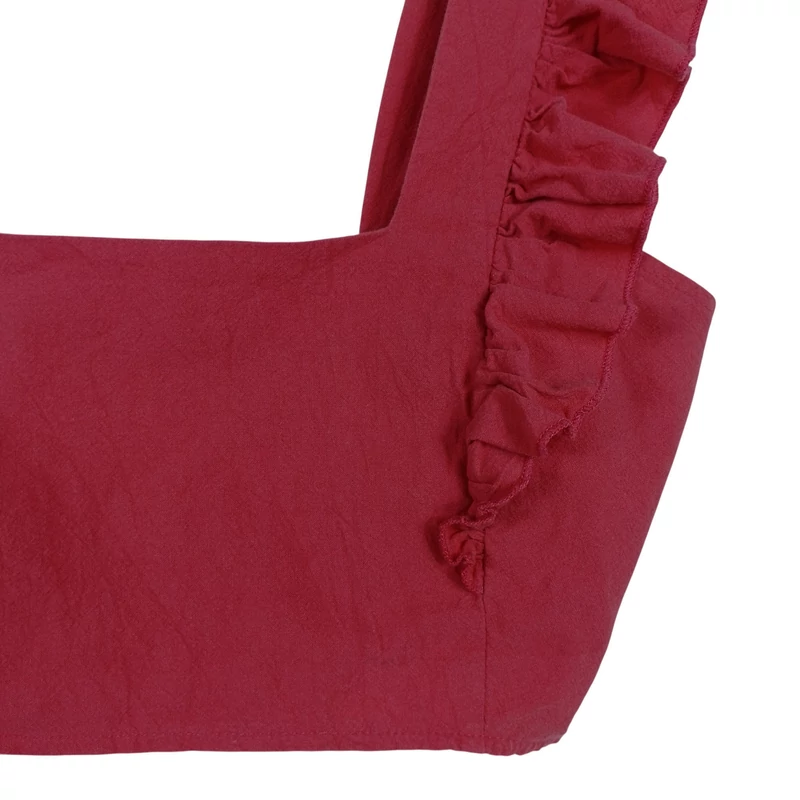 Vállán fodros, hátán gumírozott női felső