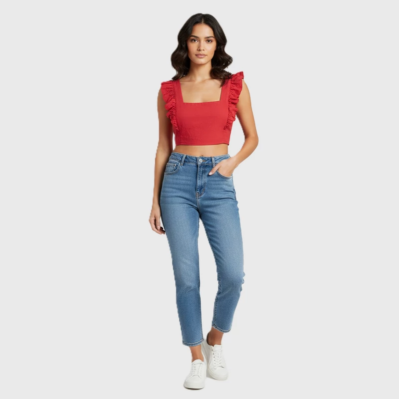 Vállán fodros, hátán gumírozott női felső