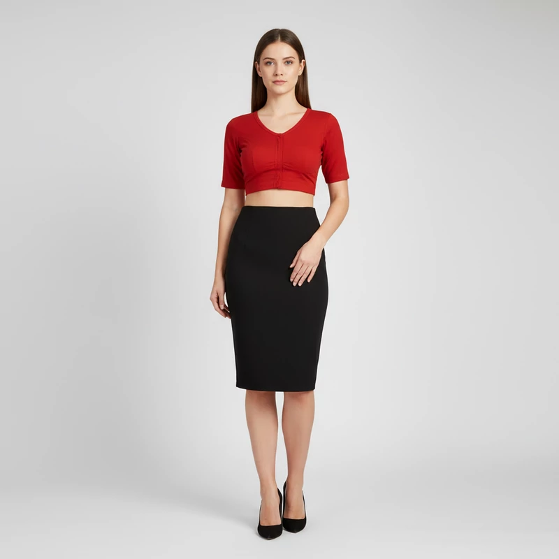 Elején kapocssal záródó, mellrészt kiemelő, rövid fazonú női felső