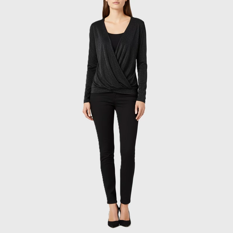 Elején átlapolt, dupla hatású, csillogó anyagú női felső