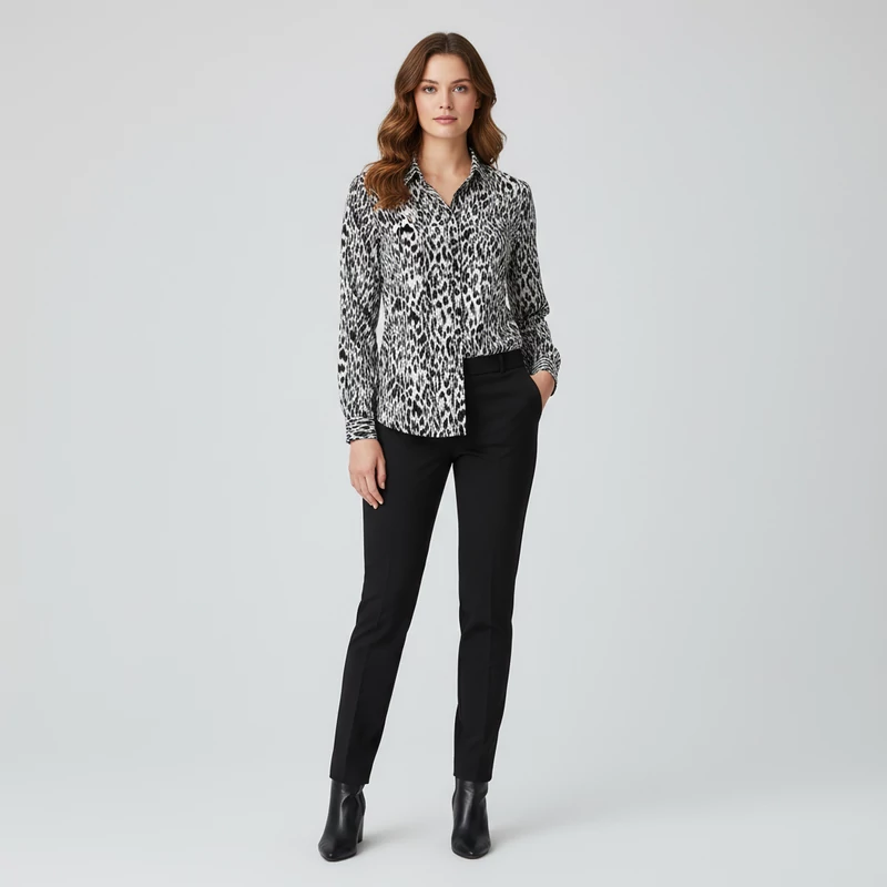 Elején gombos, galléros, mintás női felső