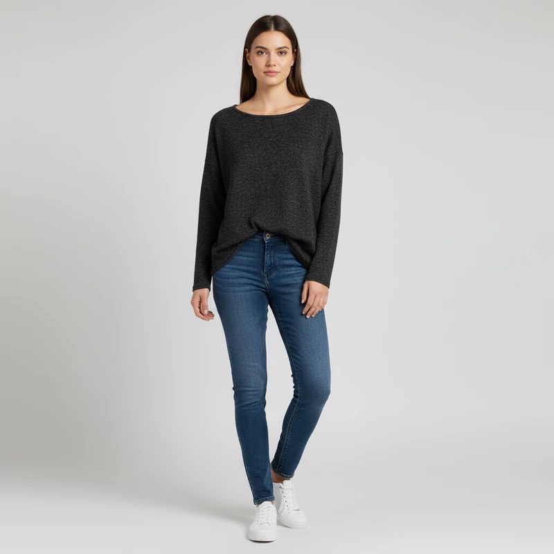 Sötétszürke színű, hosszú ujjú női felső, L méret