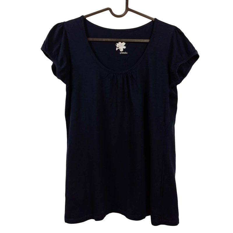 Camaïeu, sötétkék színű, rövid ujjú női felső, M méret