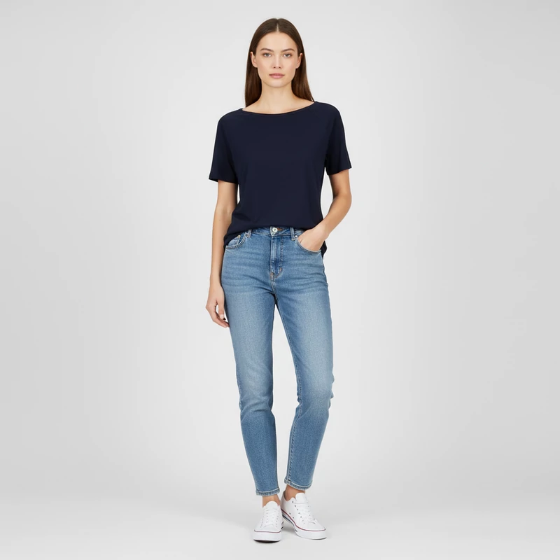 Sötétkék színű, rövid ujjú női felső, M méret