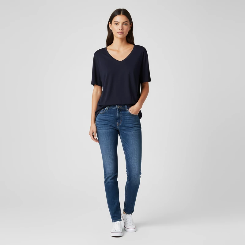 Next, sötétkék színű, rövid ujjú női felső, L méret