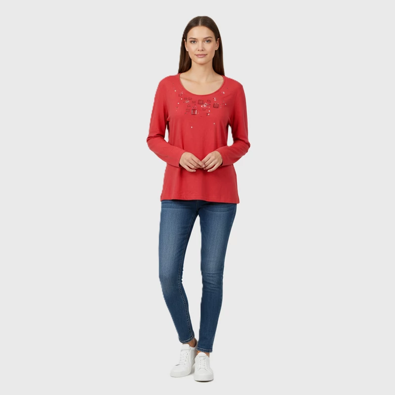 Taifun, világospiros színű, hosszú ujjú női felső, L méret