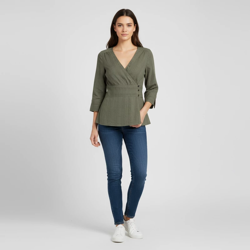 H&M, olajzöld színű, 3/4-es ujjú női felső, S méret