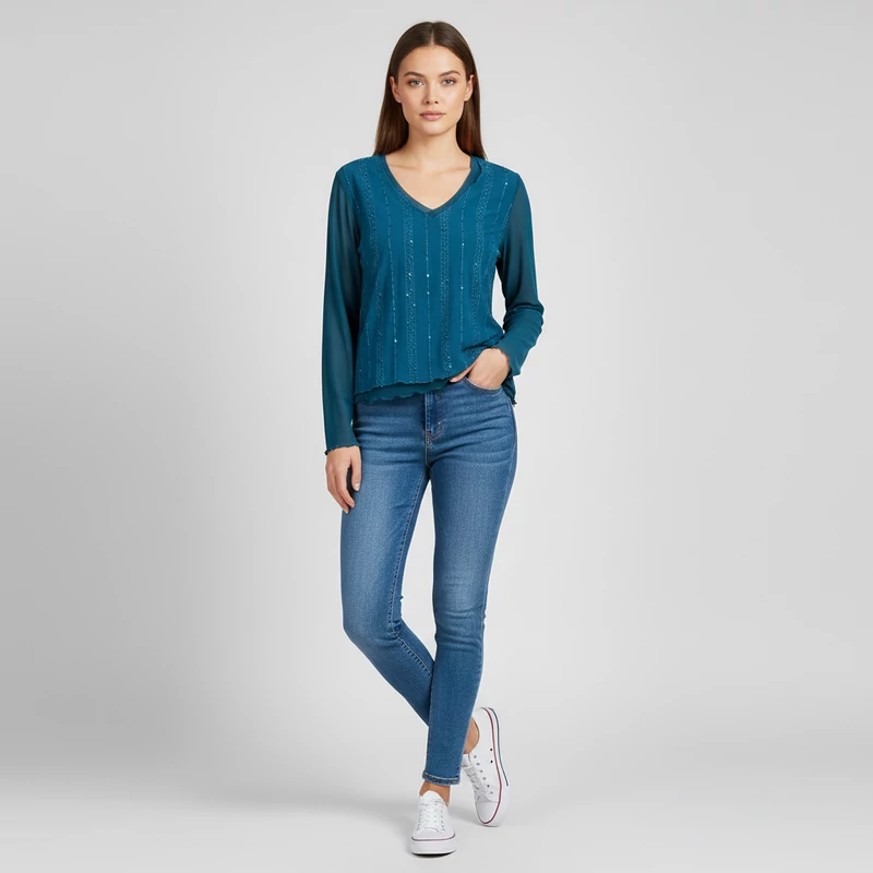 Cassis, petrolkék színű, hosszú ujjú női felső, M méret