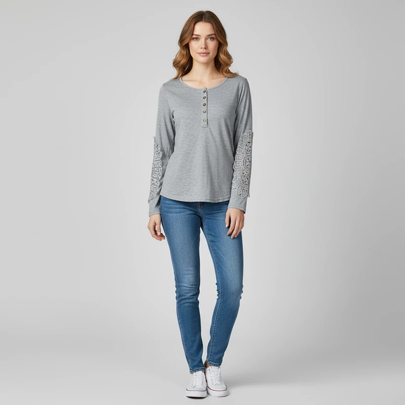 Világosszürke színű, hosszú ujjú női felső, M méret