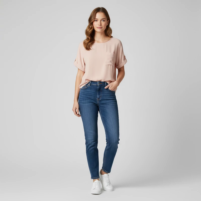 Papaya, púderrózsaszínű, rövid ujjú női felső, M méret