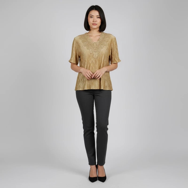 Arany színű, rövid ujjú női felső, L méret