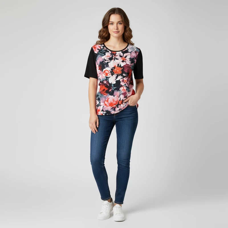 Elején mintás, rövid ujjú női felső, M méret